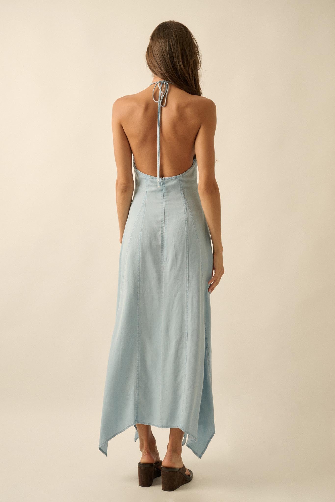 Kiss the Sky Denim Halter Handkerchief Maxi Dress