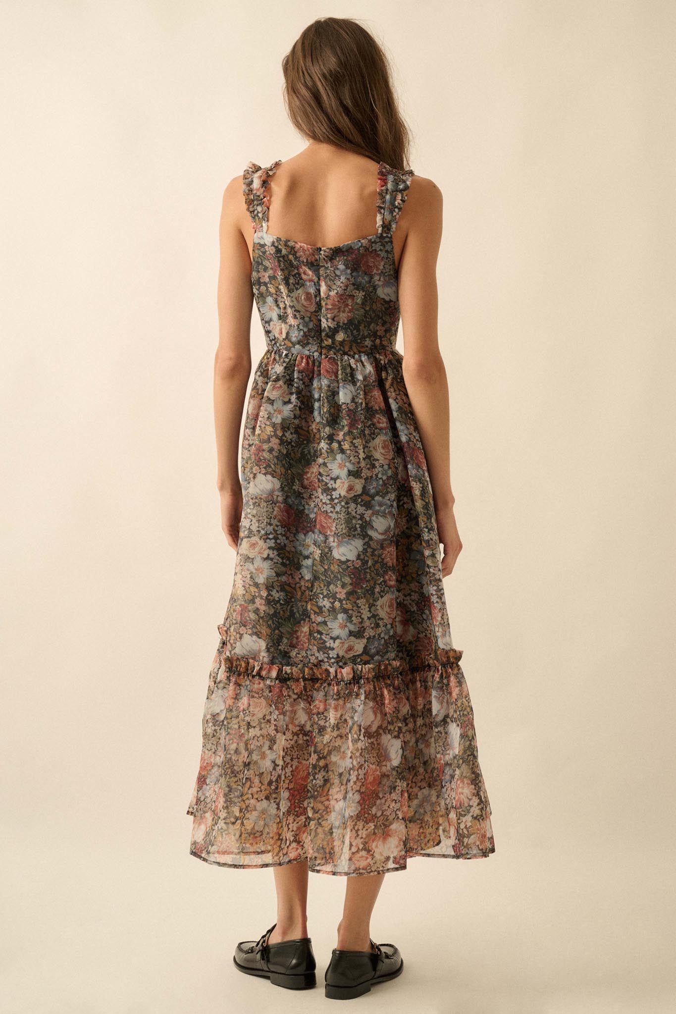 September Blooms Floral Organza Ruffled Maxi Dress