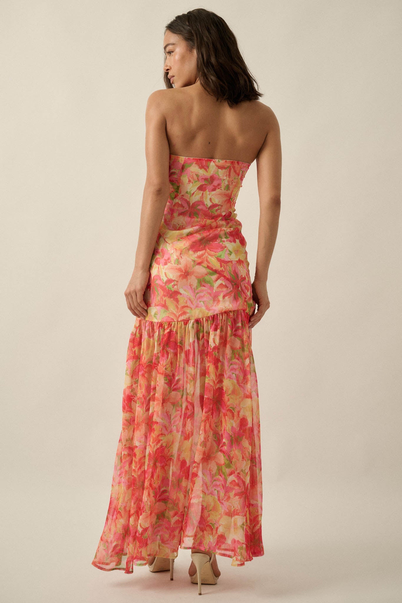 Citrine Garden Floral Chiffon Strapless Maxi Dress
