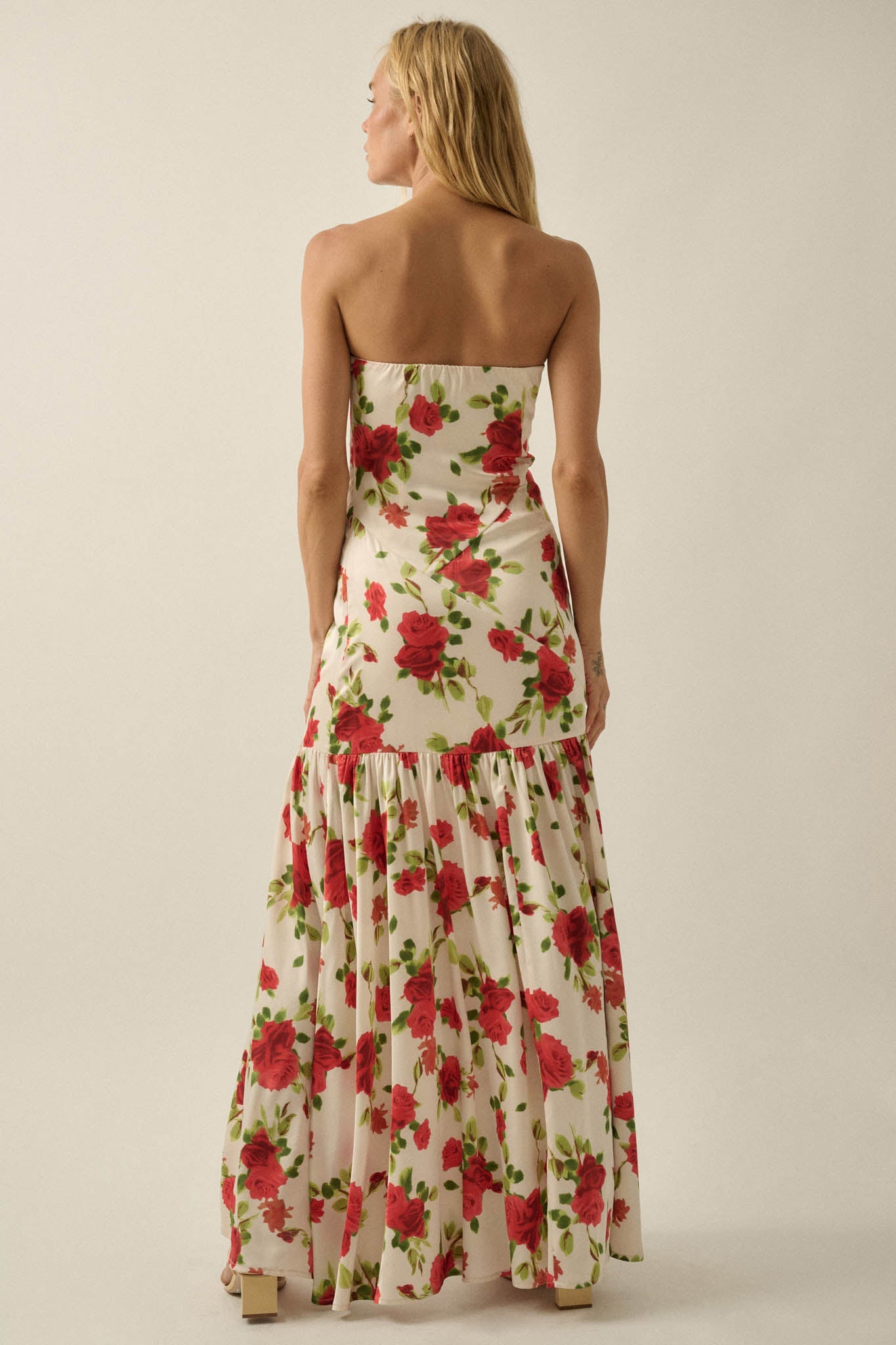 Rose Garden Floral-Print Satin Strapless Maxi Dress