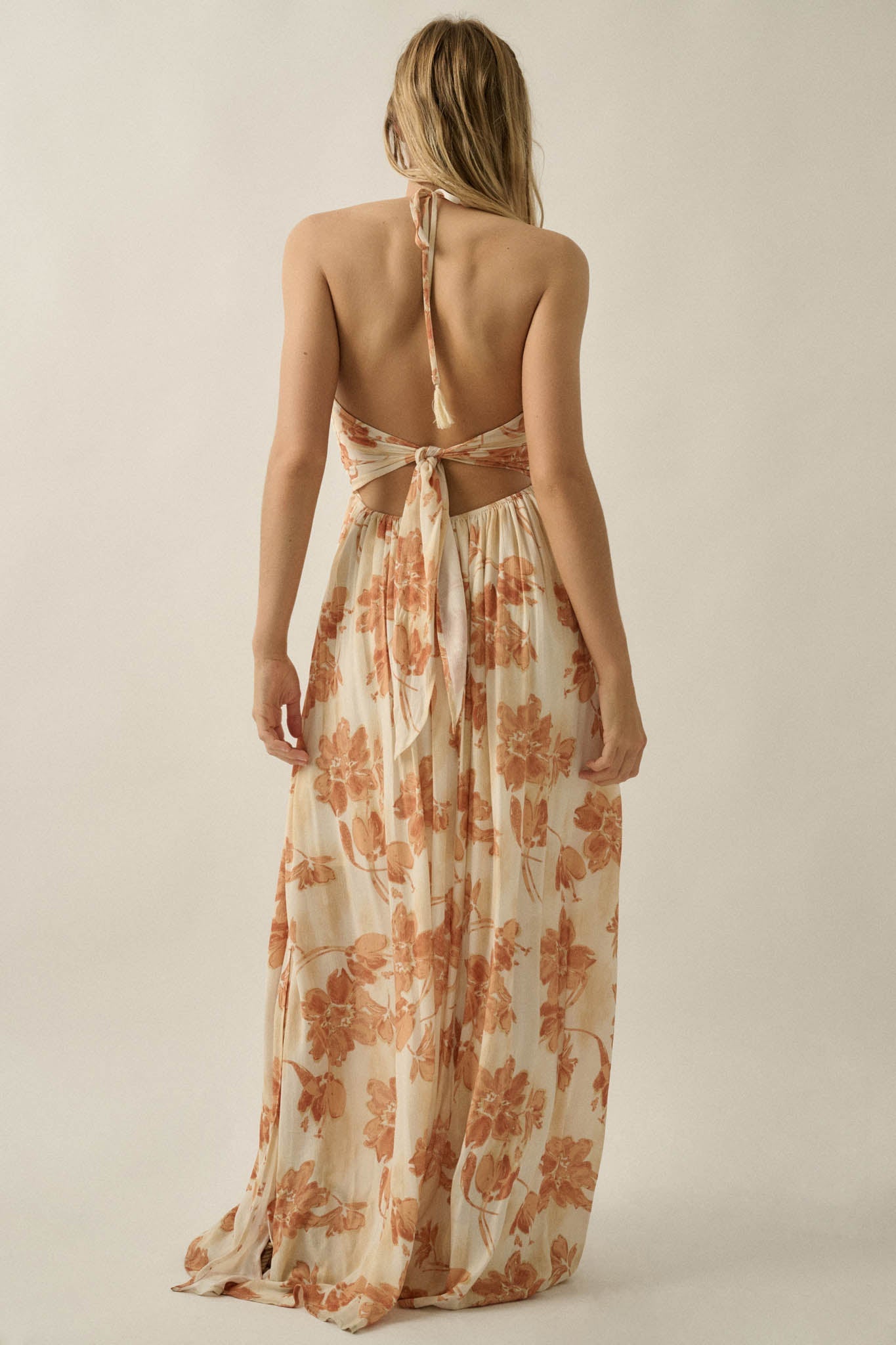 Golden Blooms Floral Tie-Back Halter Maxi Dress
