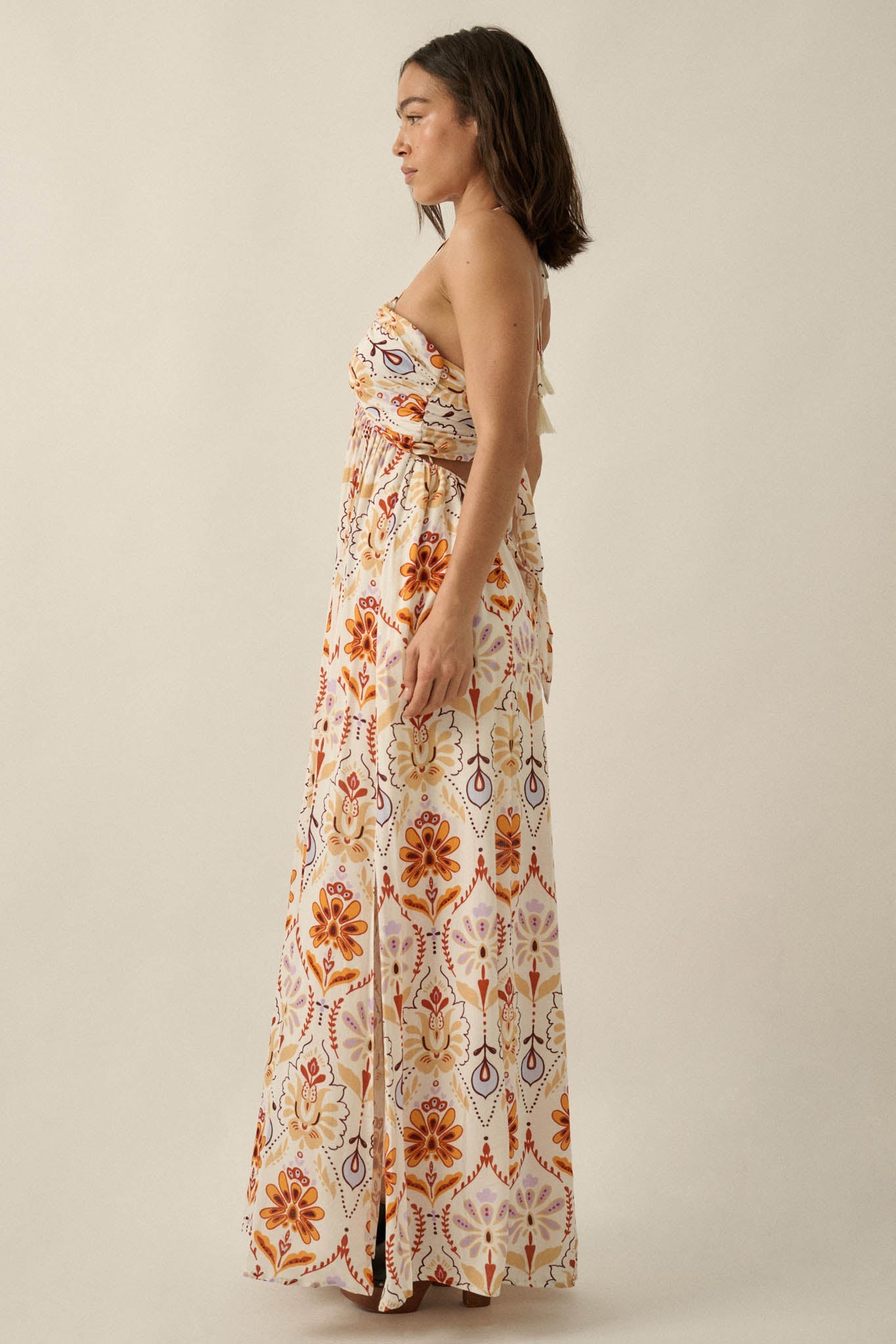 Rare Blooms Floral Medallion-Print Halter Maxi Dress