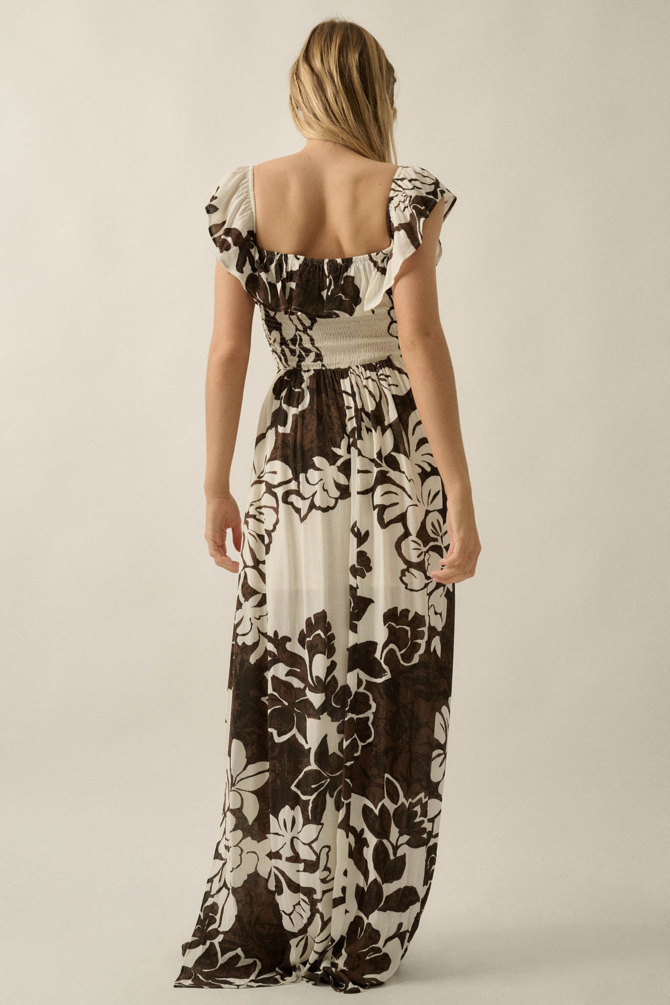 Lost Jungle Leaf-Print Off-Shoulder Ruffle Maxi Dress