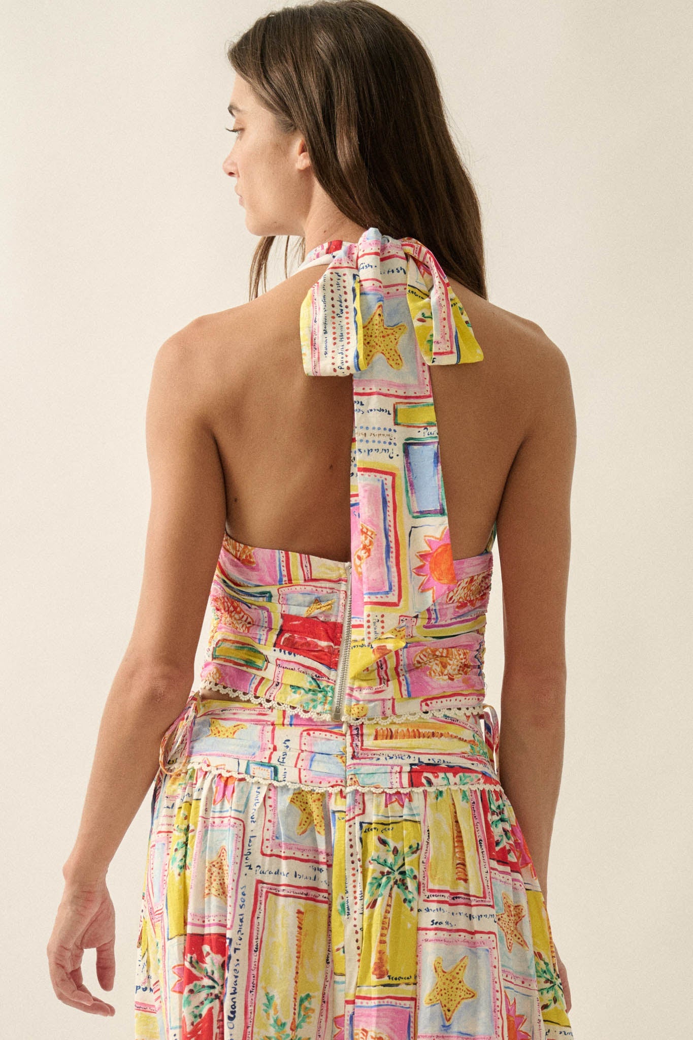 Almost Paradise Tropical-Print Cropped Halter Top