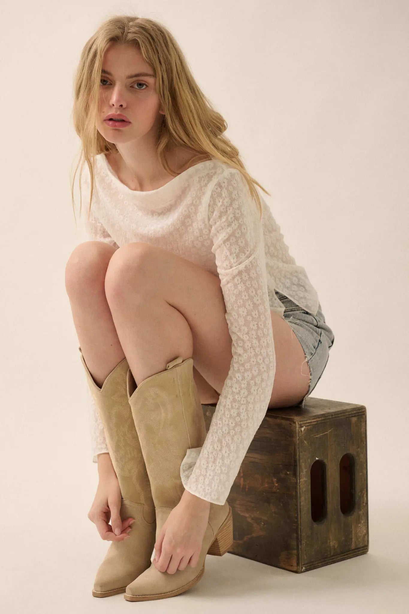 Delicate Petals Sheer Floral Jacquard Boatneck Top