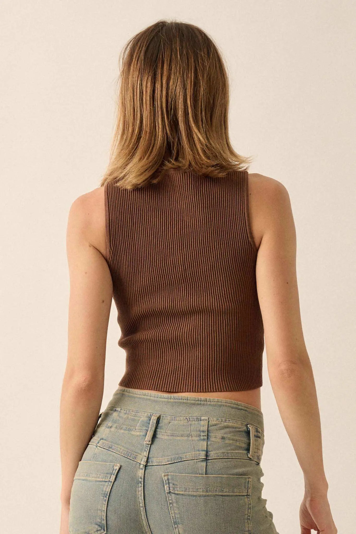 Shaper Fit Cropped Rib-Knit Sleeveless Henley Top