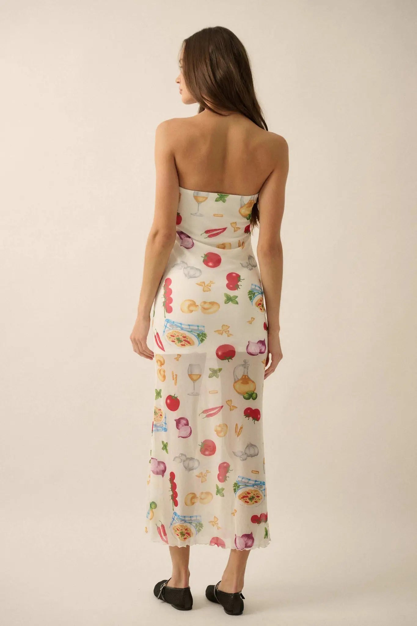 Mambo Italiano Printed Mesh Strapless Maxi Dress