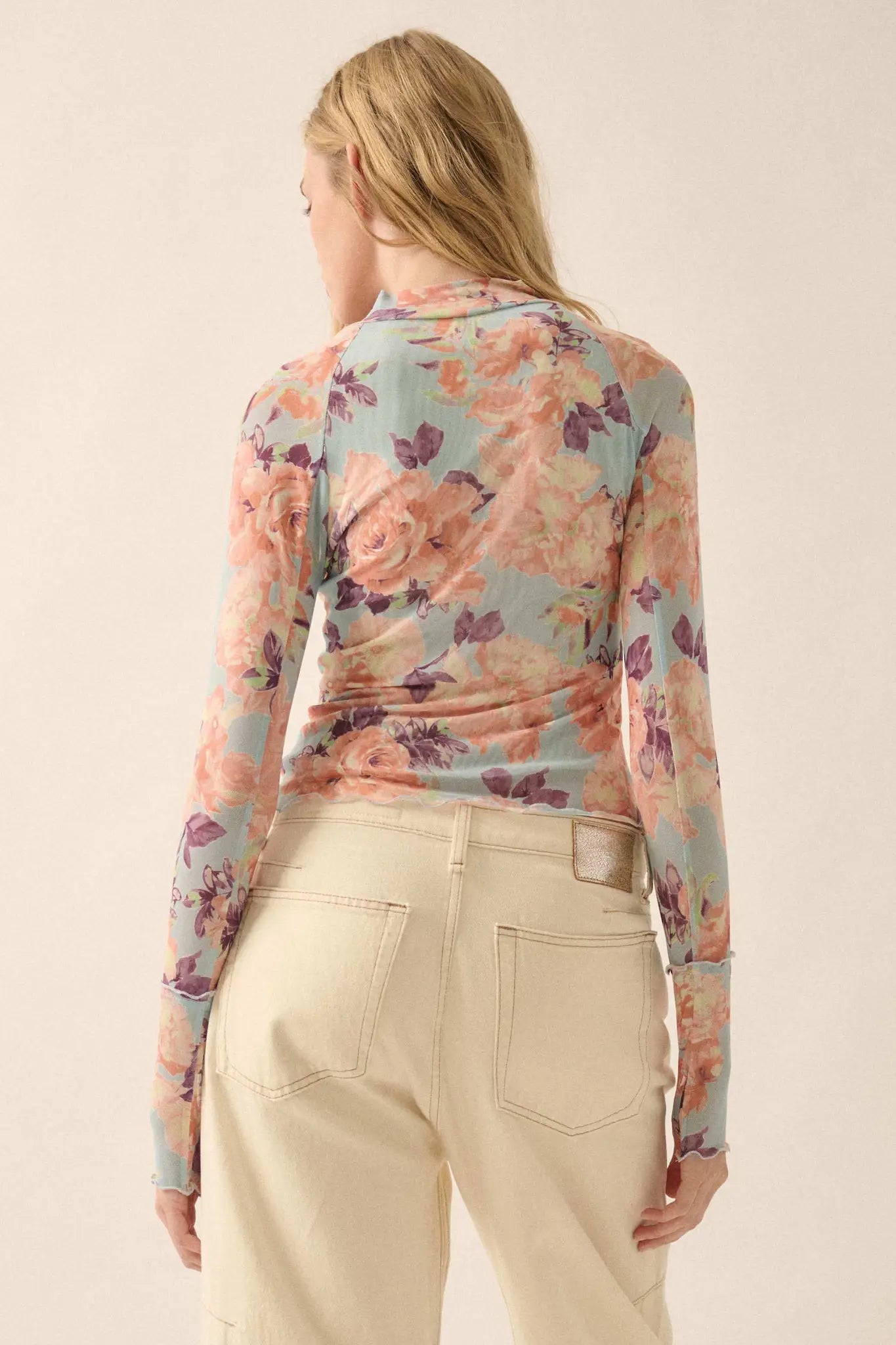 Morning Dew Floral Mesh Mock-Neck Thumbhole Top