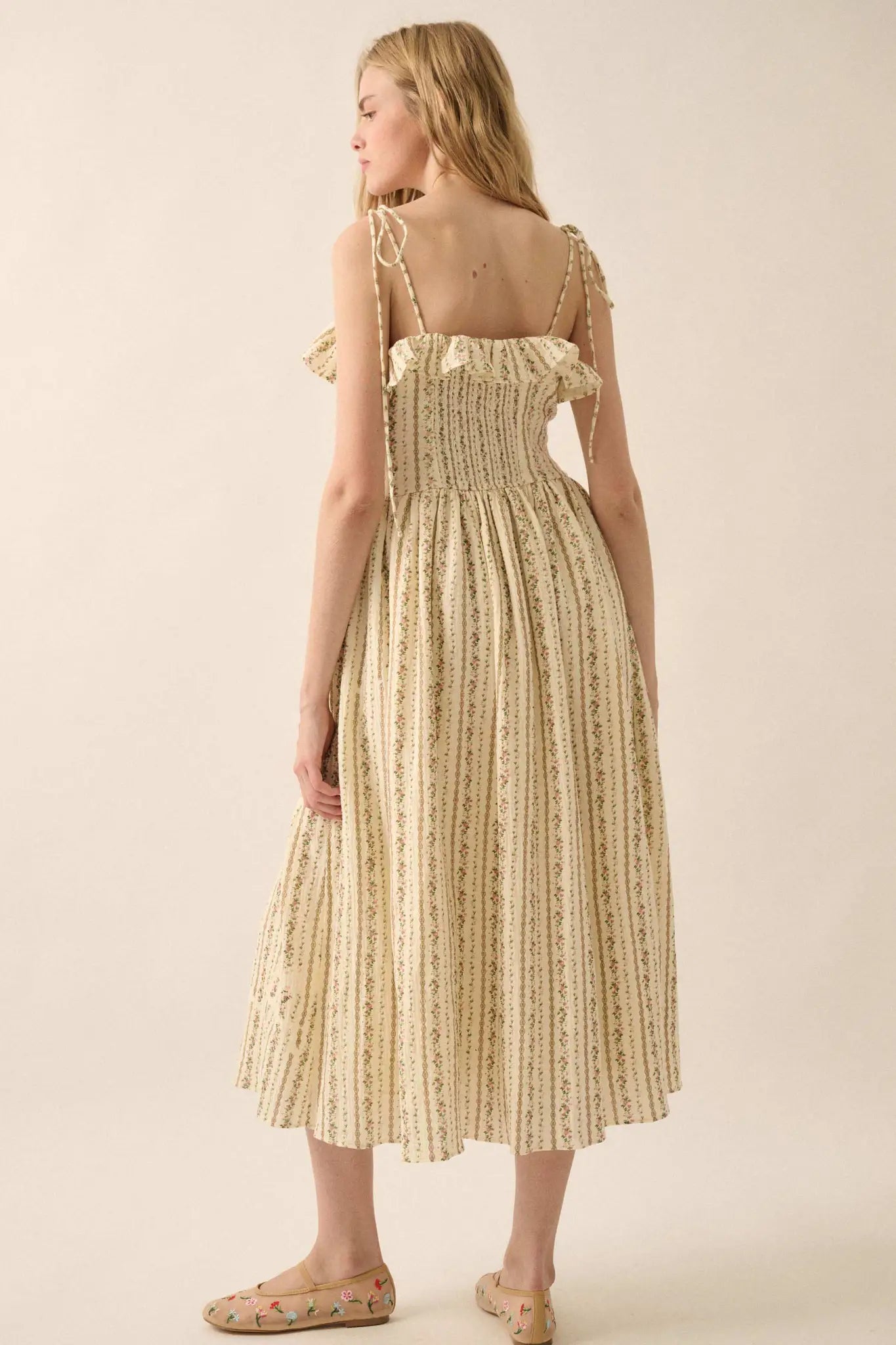 Climbing Vines Floral Gauze Ruffle Midi Dress