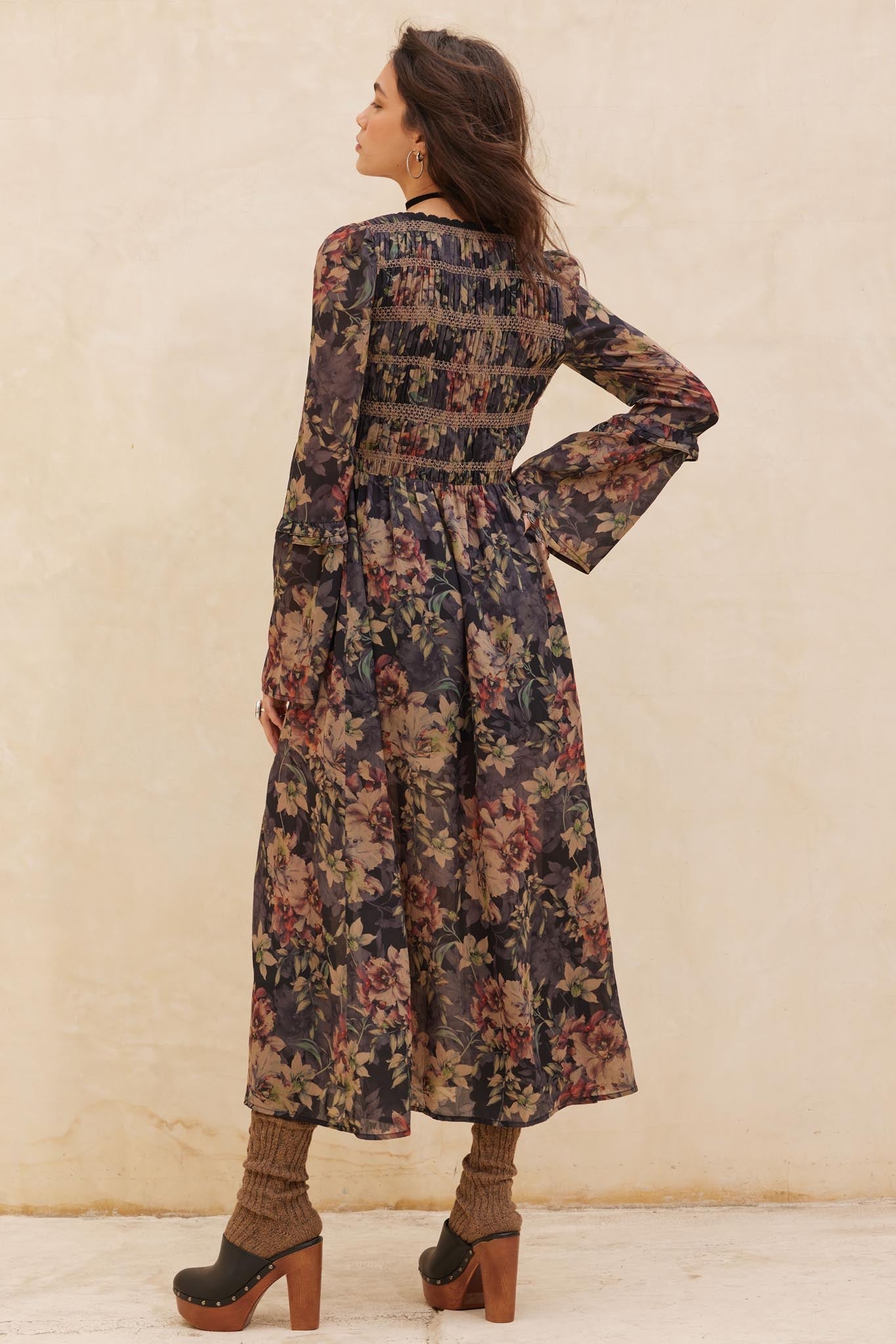 Boho Blossoms Floral Bell-Sleeve Midi Dress