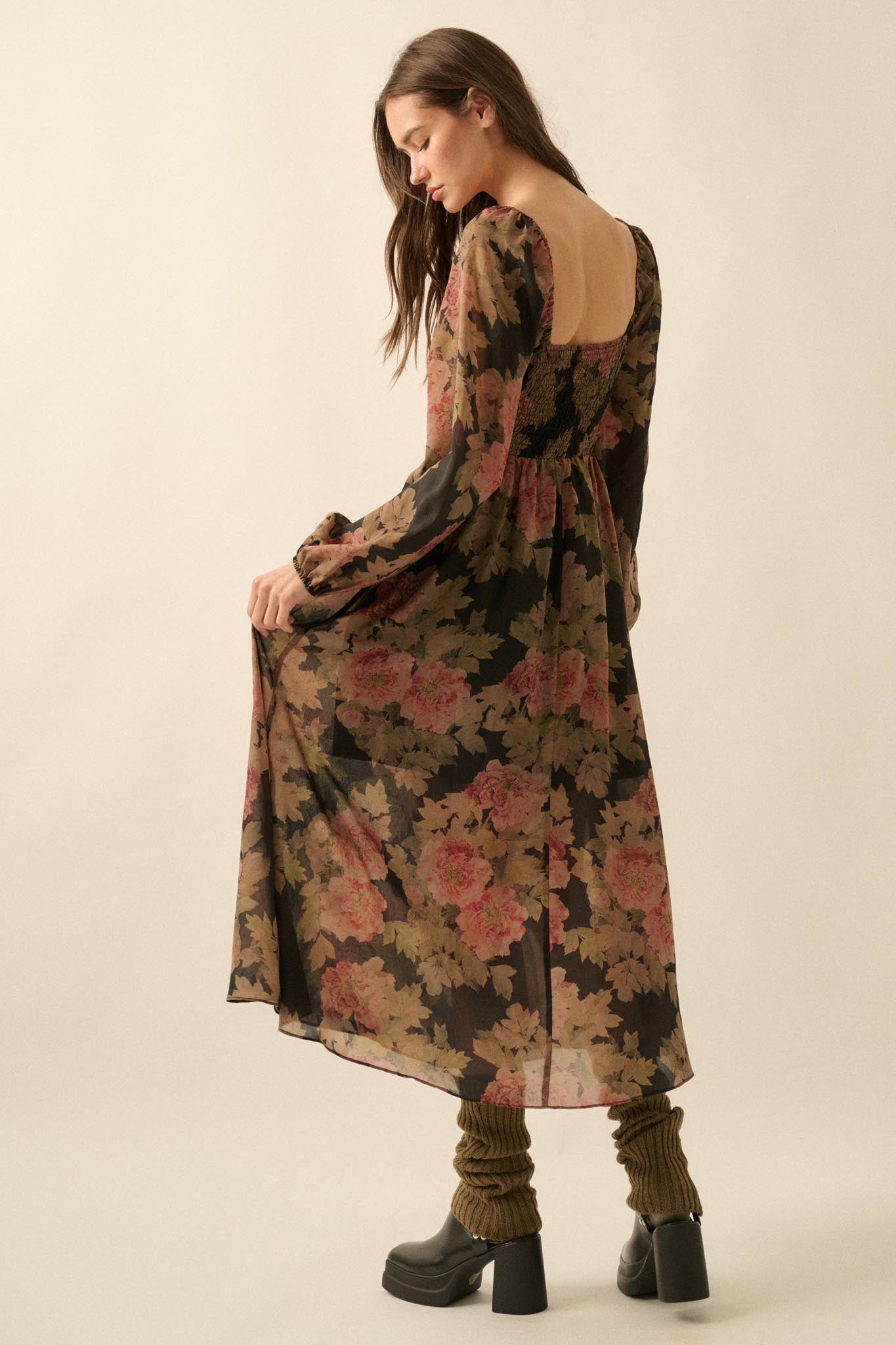 Peaceful Petals Smocked Floral Midi Peasant Dress