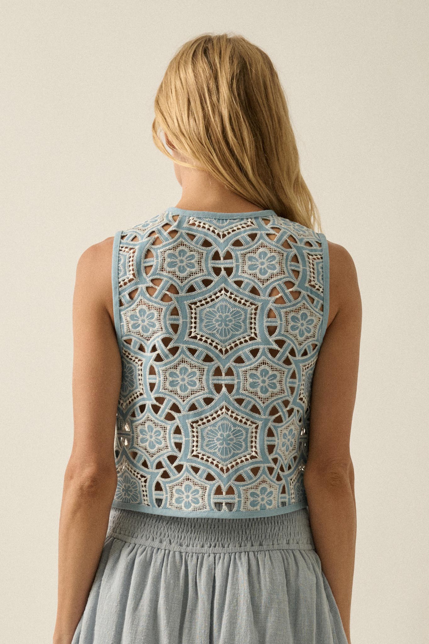 Blue Breeze Cutout Embroidered Denim Vest