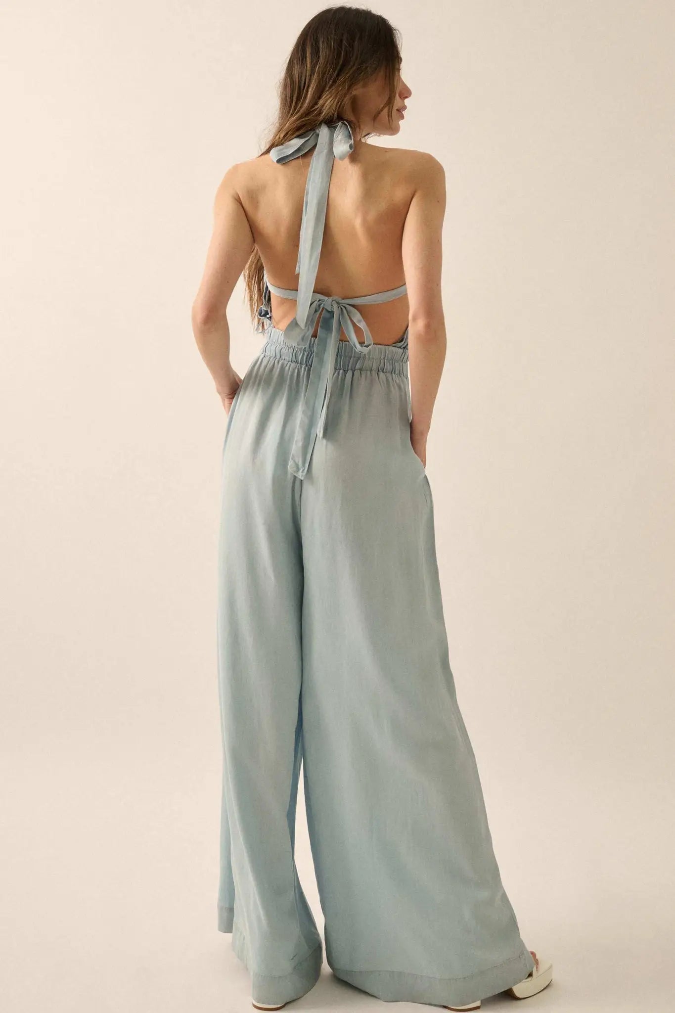 Perfect Skies Denim Wide-Leg Halter Jumpsuit