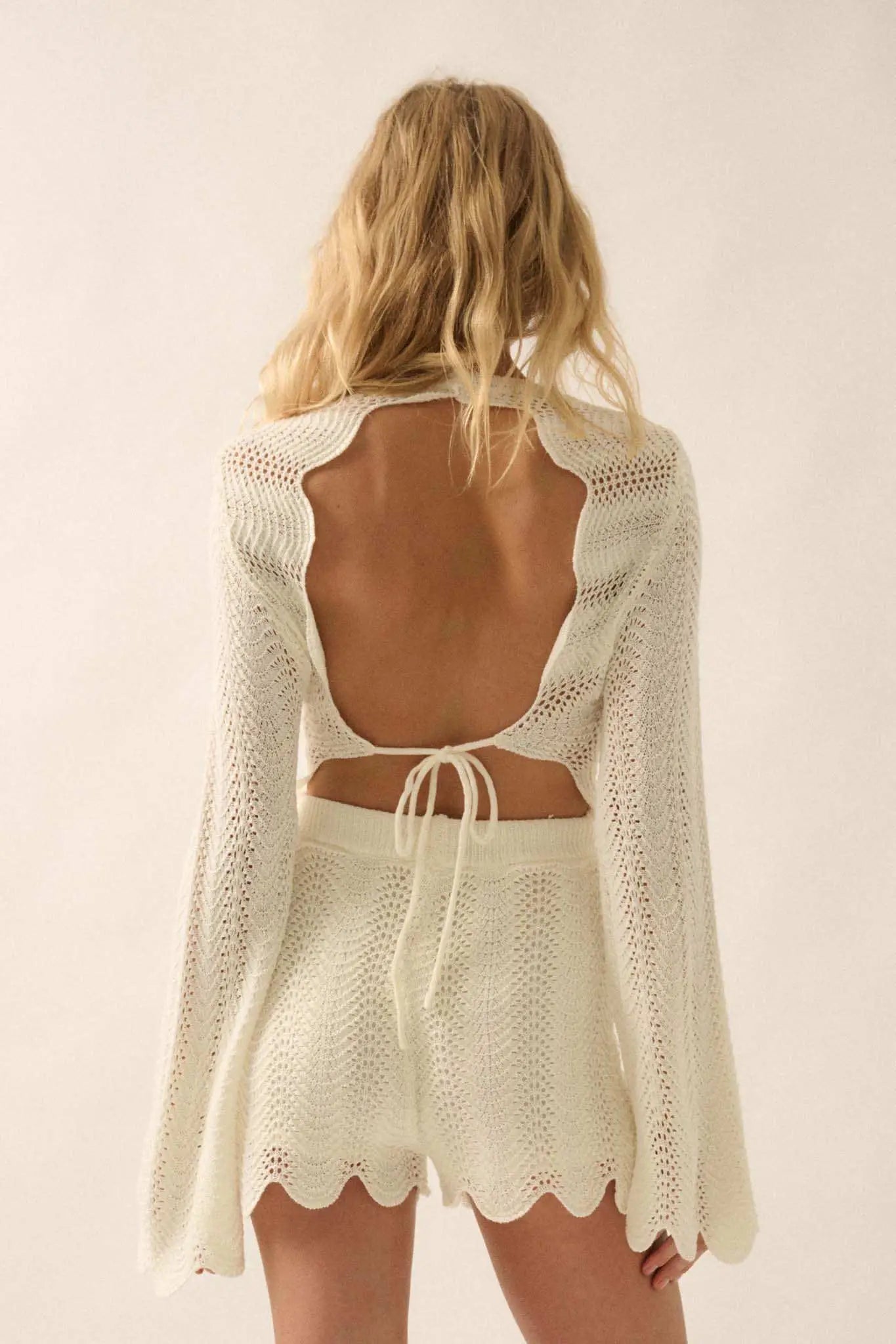 Kick Back Crochet Bell-Sleeve Open-Back Romper