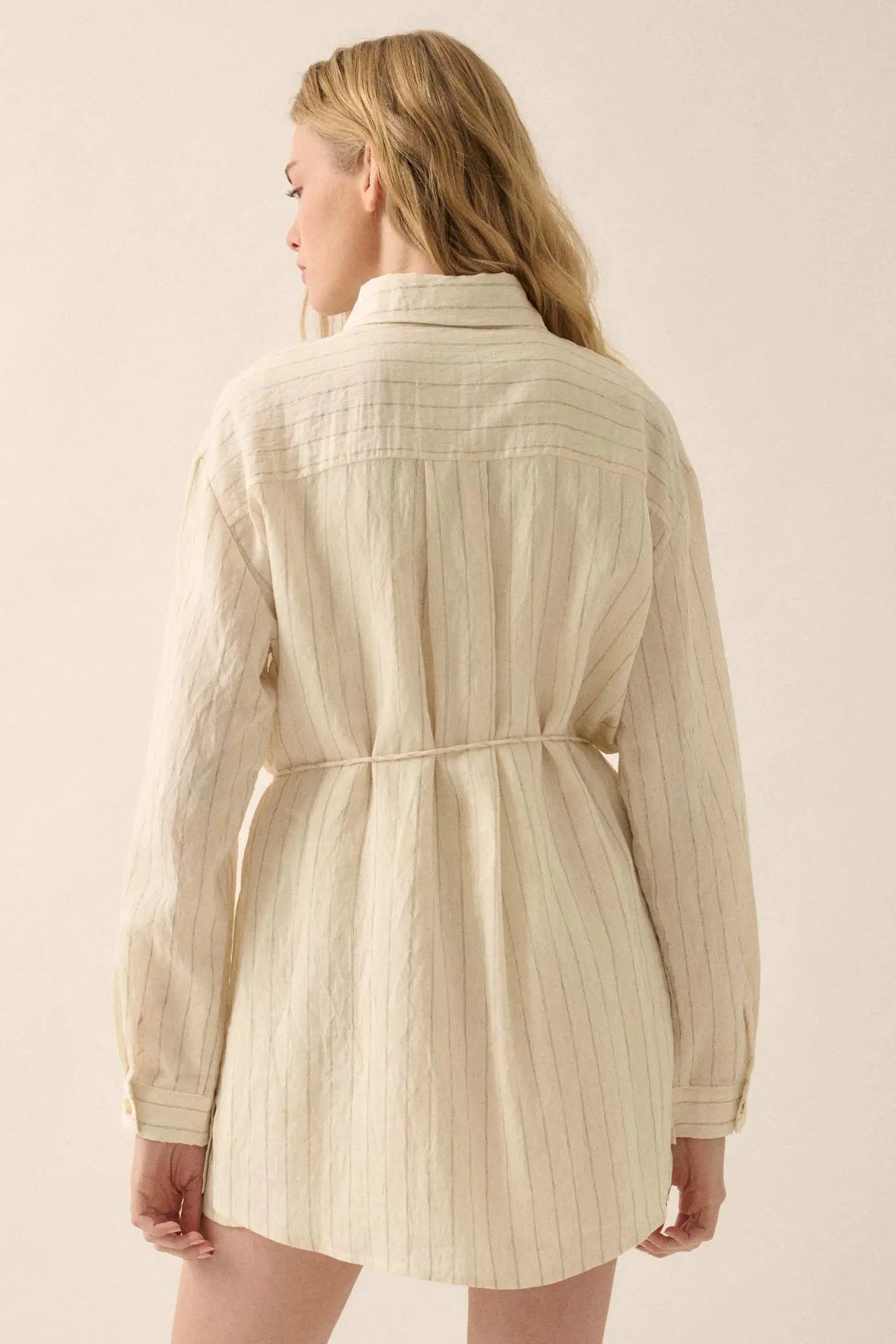 Line Item Pinstripe Belted Button-Up Shirt Romper