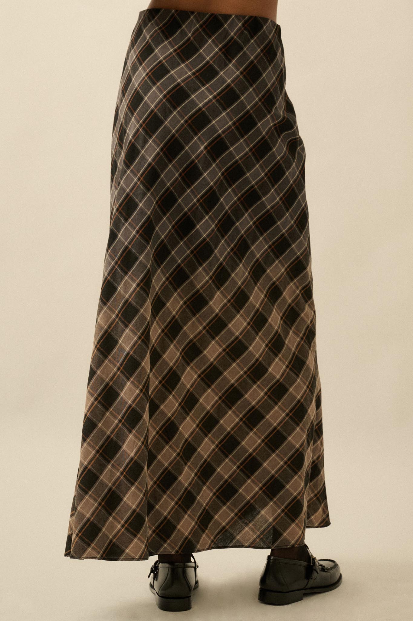 Modern Tartan Bias-Cut Plaid Maxi Skirt