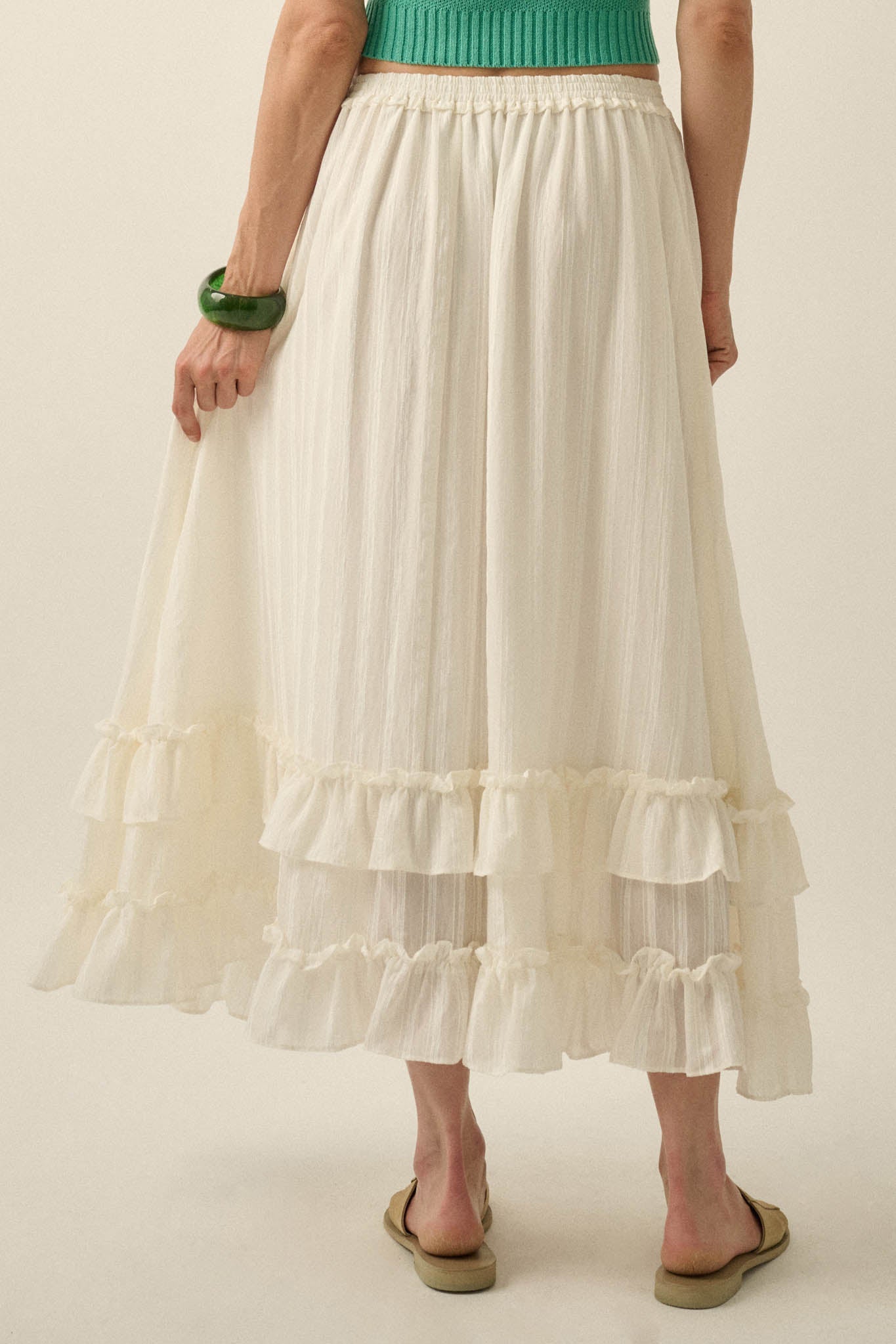 Pretty Precious Tonal-Stripe Ruffle Maxi Skirt