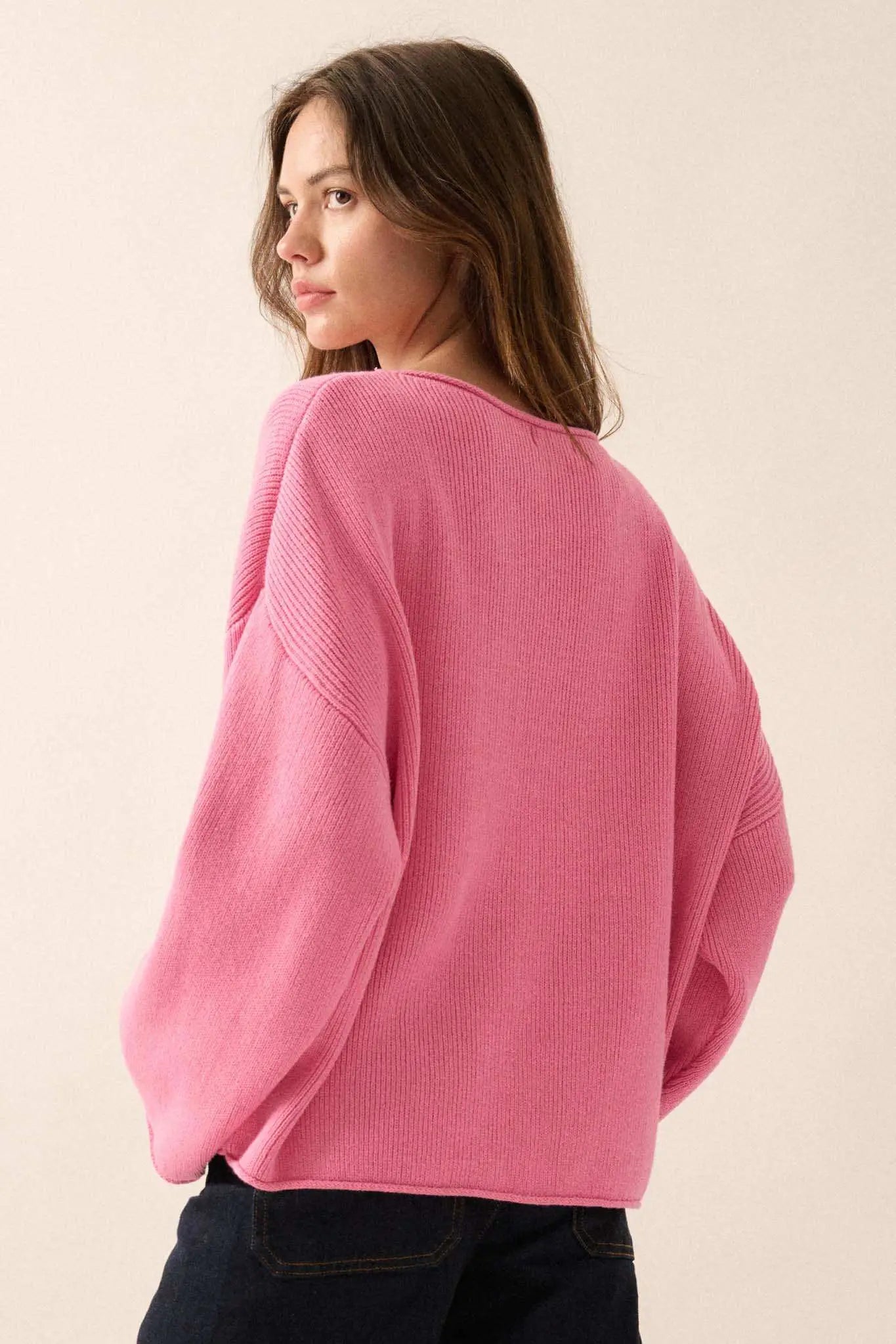 Chill Vibes Rolled-Edge Ribbed Knit Sweater