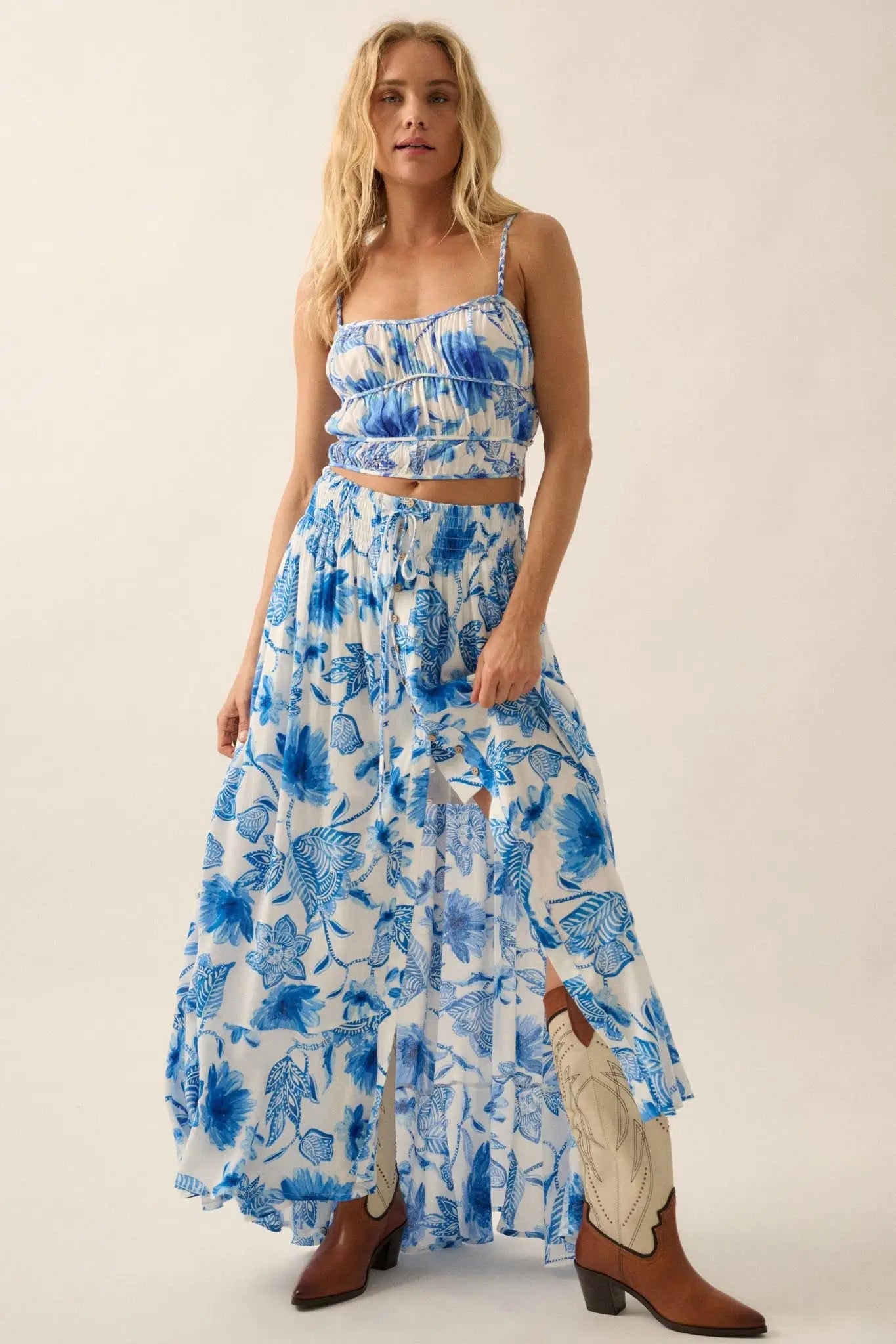 Blue Blooms Floral Gathered Cropped Cami Top