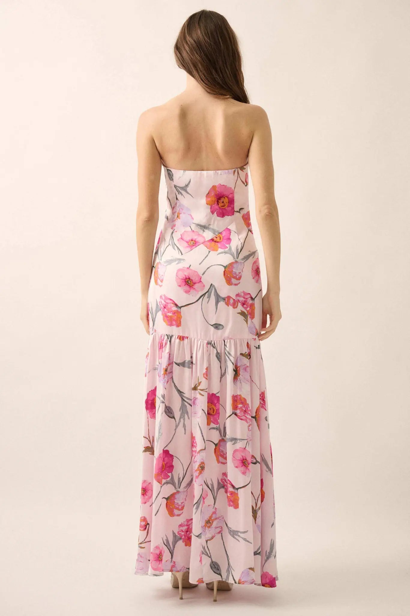Eternal Spring Floral Satin Strapless Maxi Dress