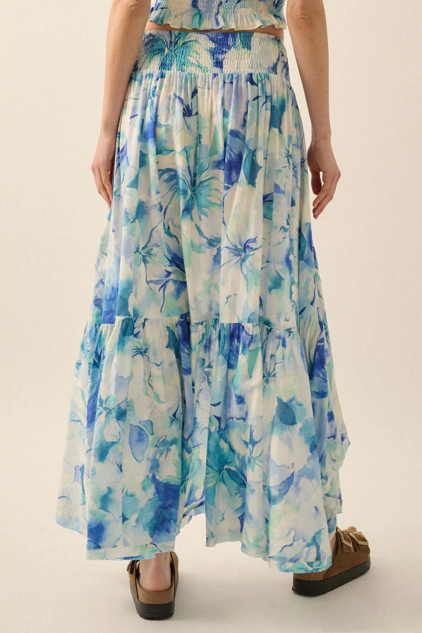 Azure Petals Floral High-Low Ruffle Maxi Skirt