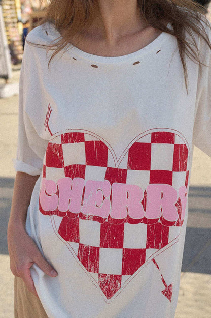 Cherry Love Checker Heart Distressed Graphic Tee