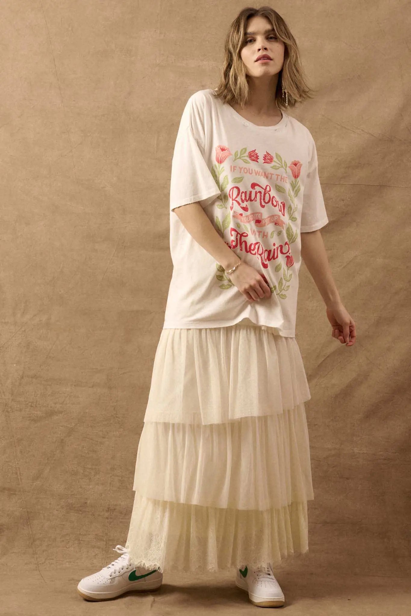 Rain and Rainbow Distressed Oversize Graphic Tee