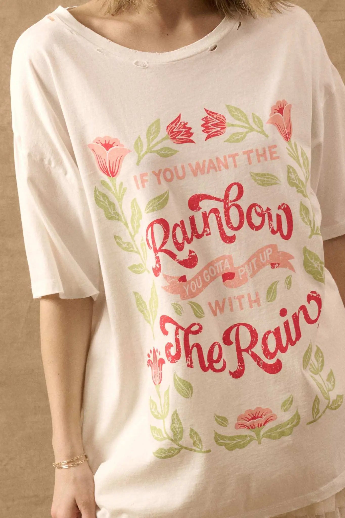 Rain and Rainbow Distressed Oversize Graphic Tee