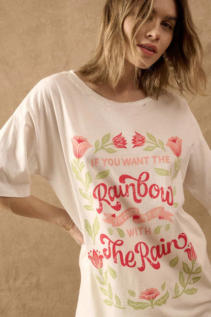 Rain and Rainbow Distressed Oversize Graphic Tee