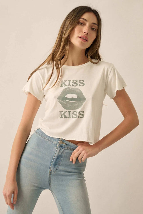 Kiss Kiss Cropped Lettuce-Edge Graphic Baby Tee