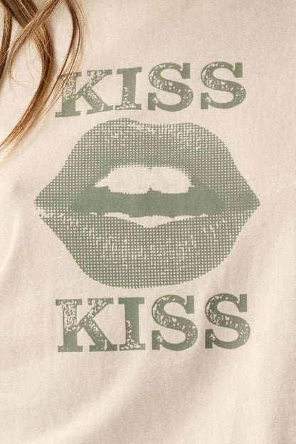 Kiss Kiss Cropped Lettuce-Edge Graphic Baby Tee