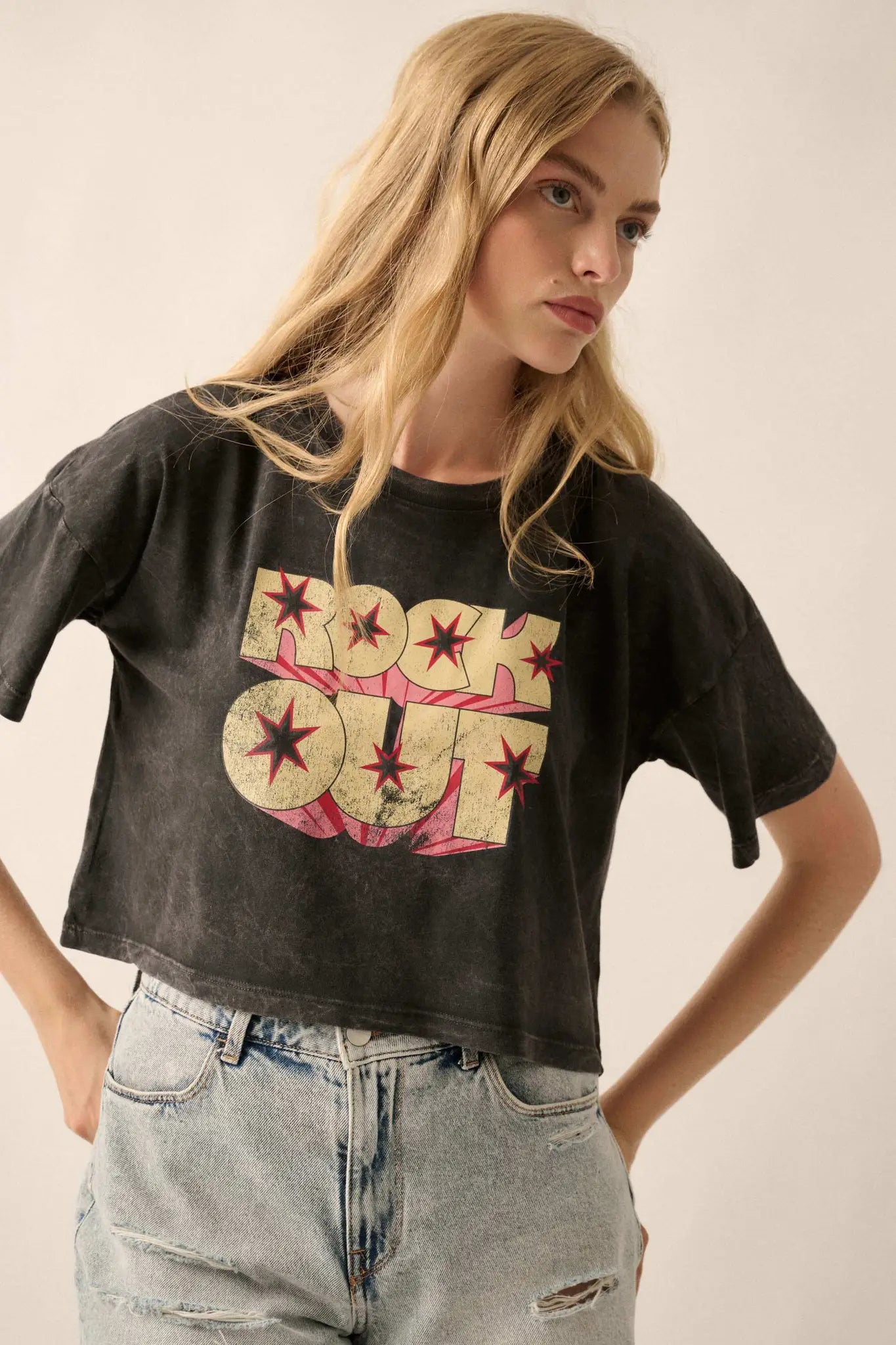Rock Out Cropped Vintage-Wash Graphic Tee
