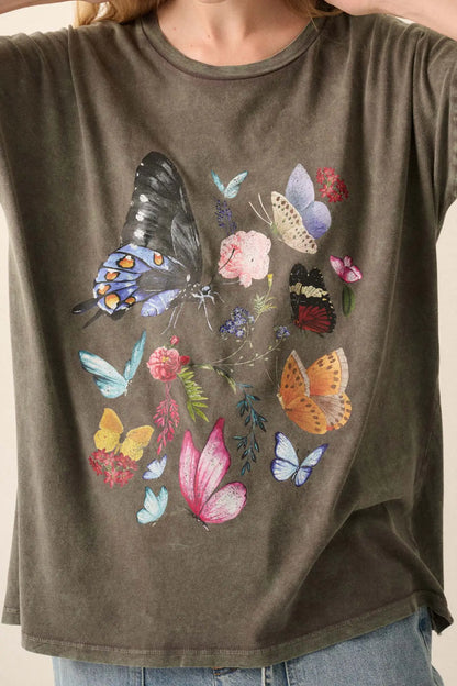 Butterfly Meadow Vintage-Wash Oversize Graphic Tee