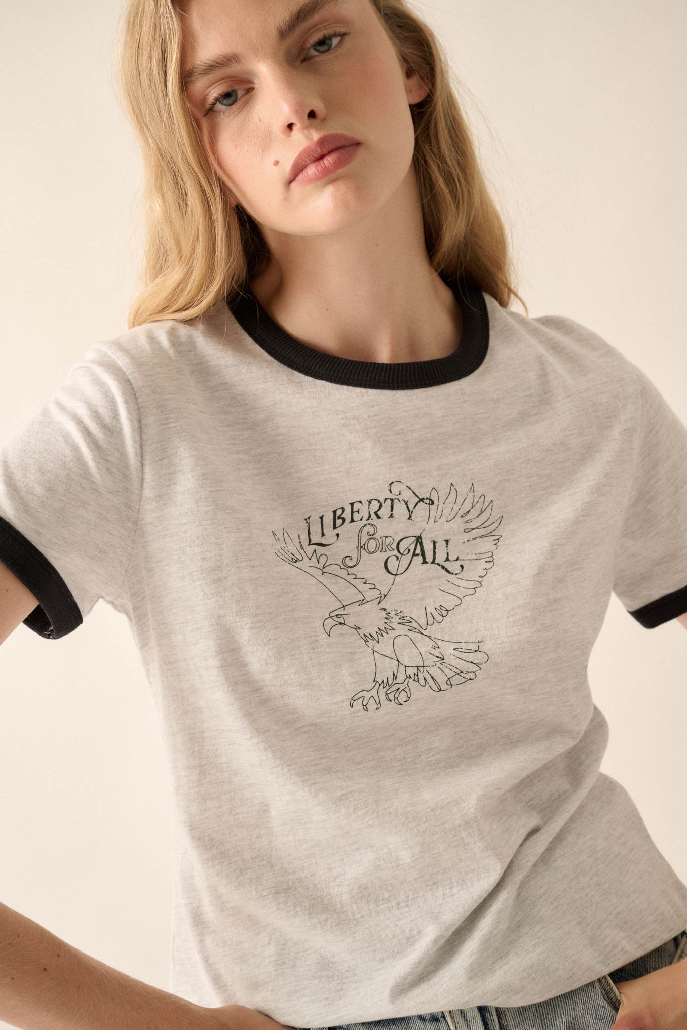 Liberty for All Vintage-Print Graphic Ringer Tee