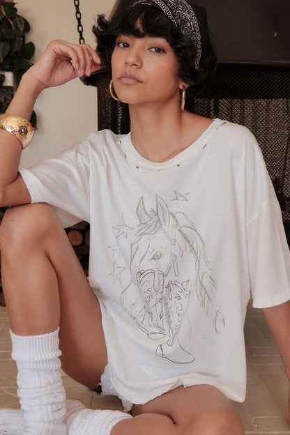 One Horse Town Distressed Hand-Drawn Graphic Tee