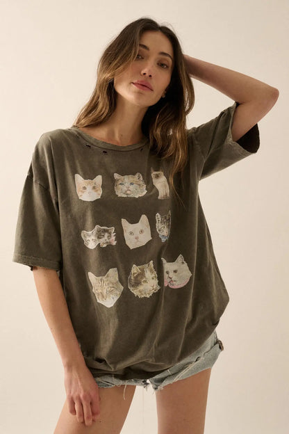 Cool Cats Distressed Oversize Graphic Tee