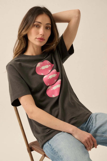 Lip Bite Vintage-Print Garment-Dyed Graphic Tee
