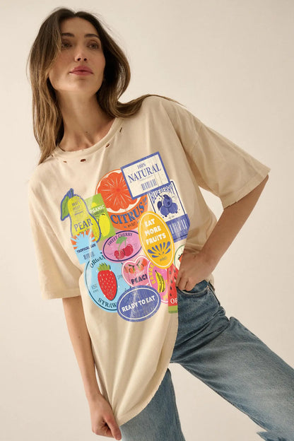 Fruit Stickers Distressed Oversize Graphic Tee