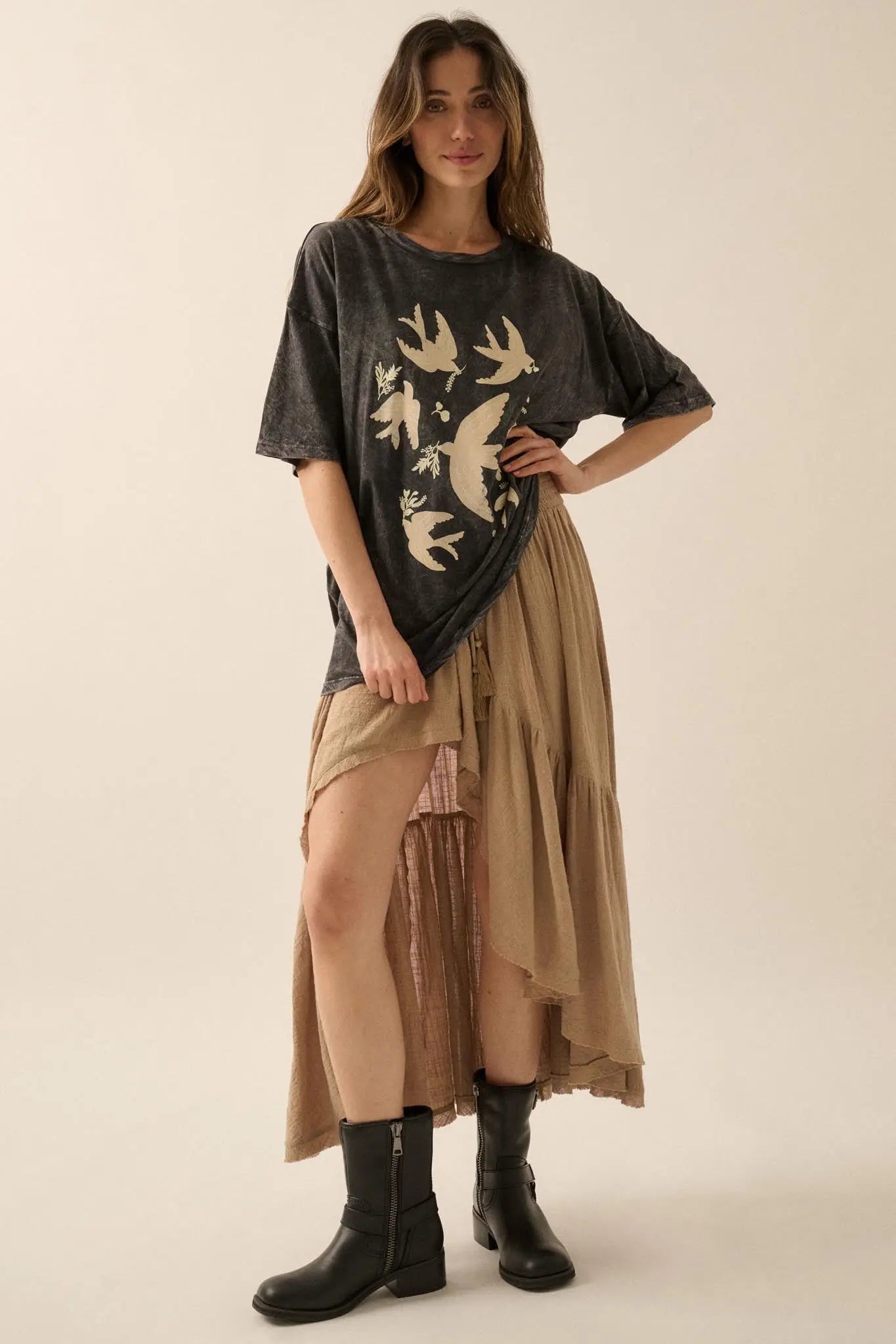 Free as a Bird Vintage-Wash Oversize Graphic Tee