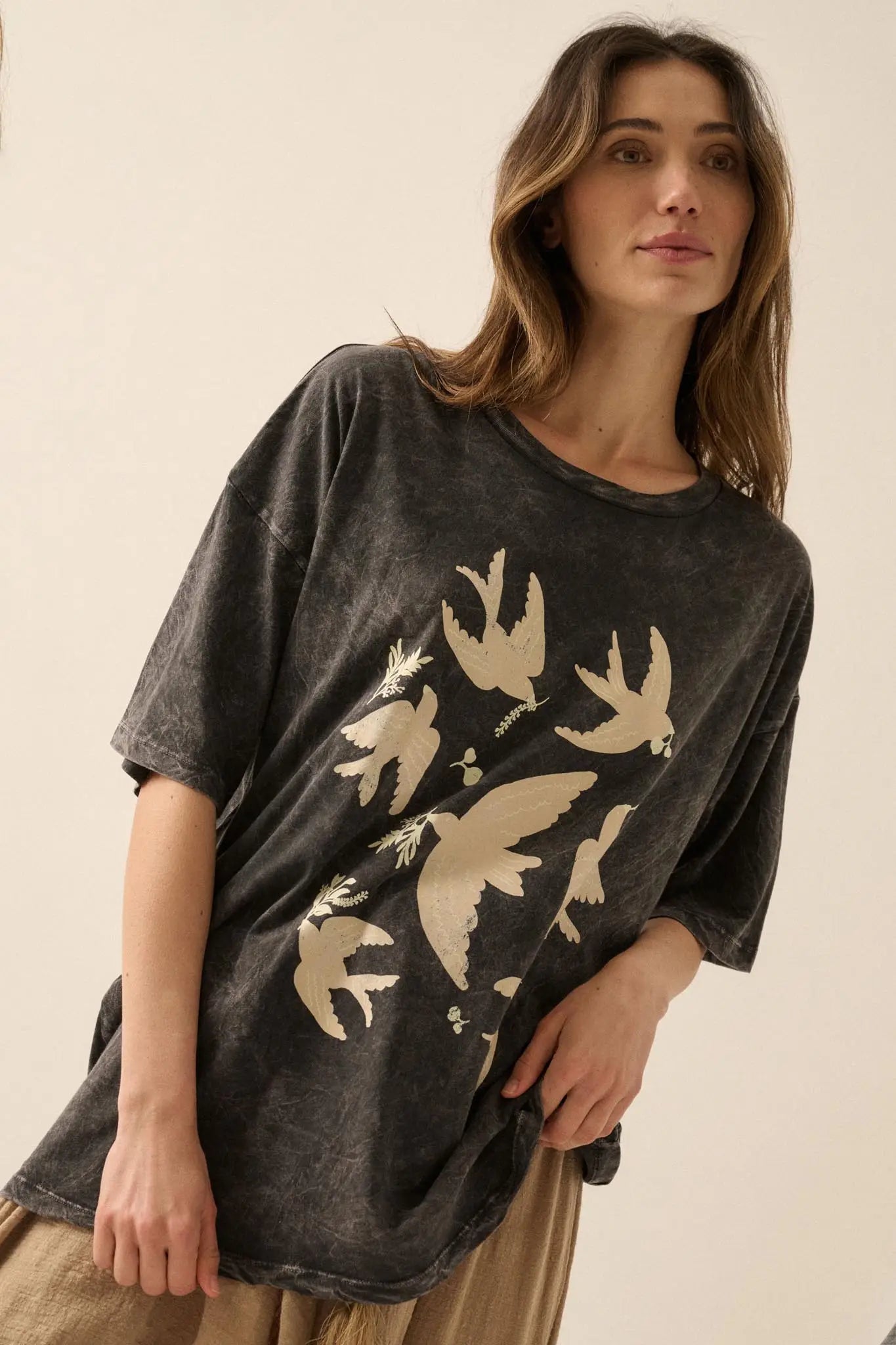 Free as a Bird Vintage-Wash Oversize Graphic Tee