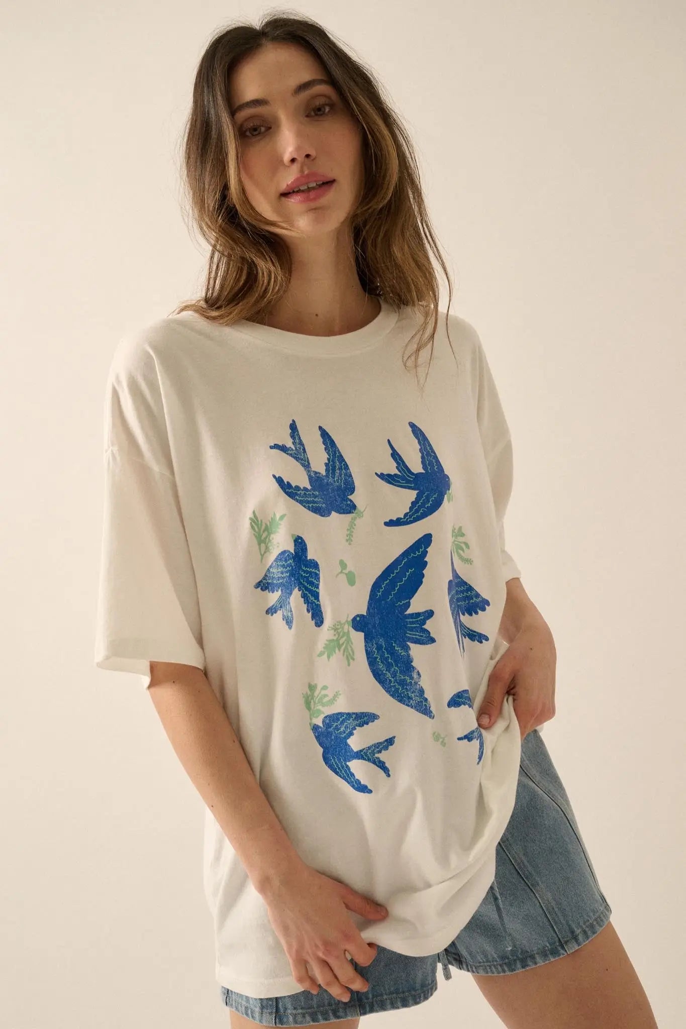 Blue Birds Vintage-Print Oversize Graphic Tee