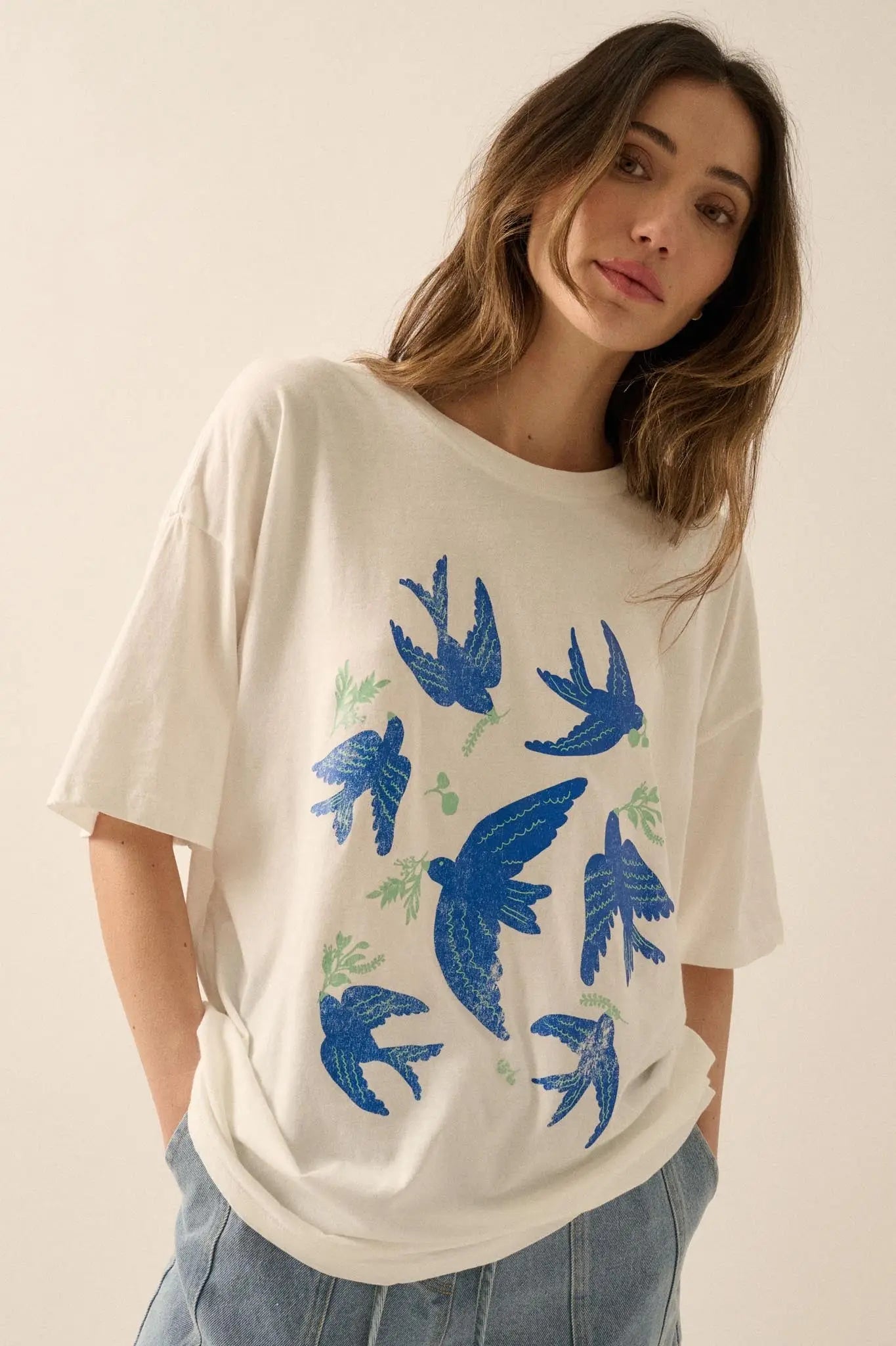 Blue Birds Vintage-Print Oversize Graphic Tee