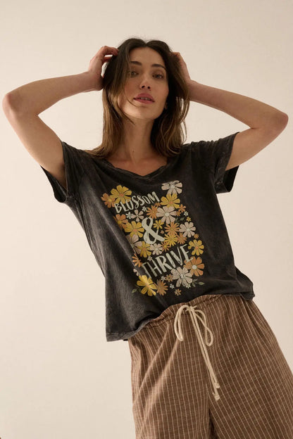 Blossom & Thrive Floral V-Neck Graphic Tee