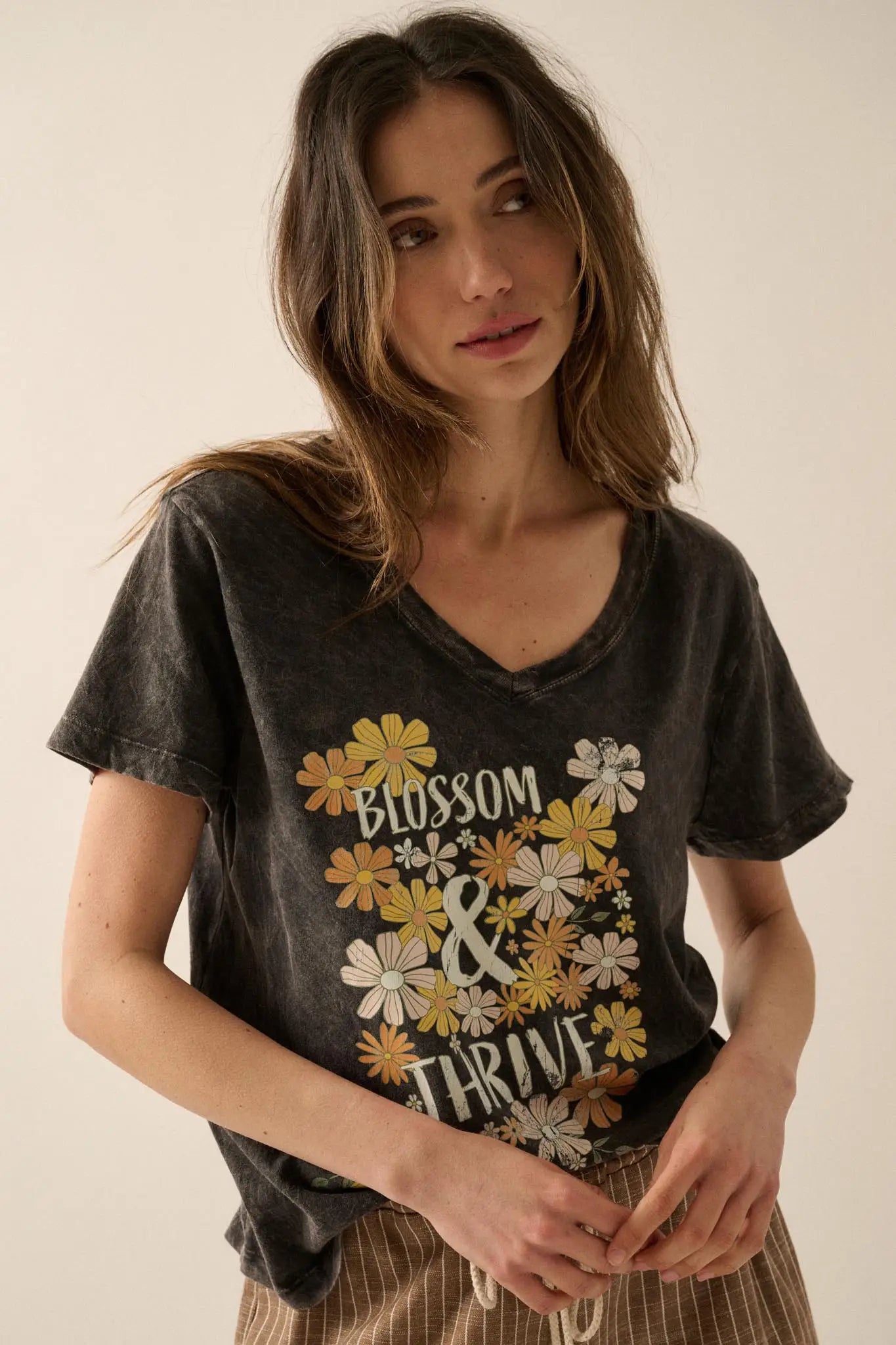 Blossom & Thrive Floral V-Neck Graphic Tee