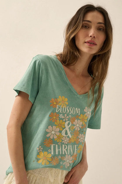Blossom & Thrive Floral V-Neck Graphic Tee