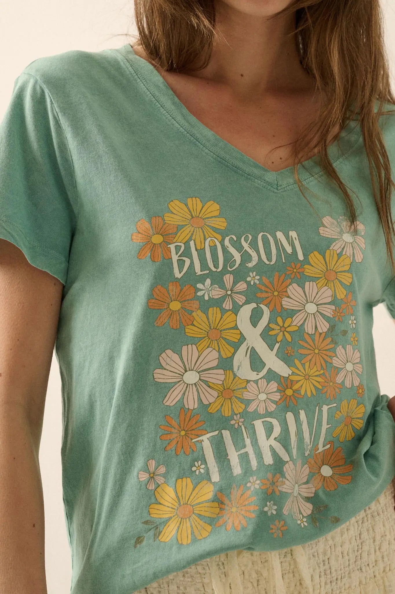 Blossom & Thrive Floral V-Neck Graphic Tee
