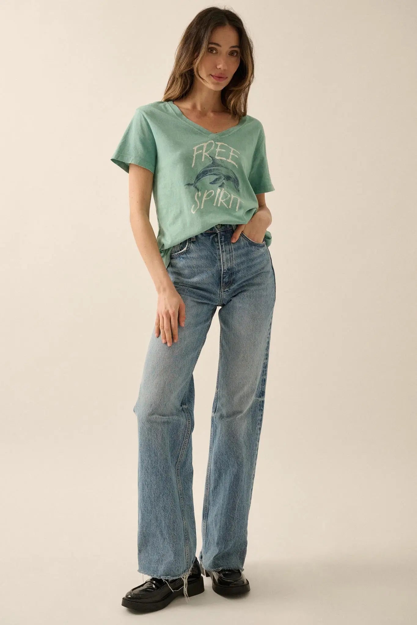Free Spirit V-Neck Dolphin Graphic Tee
