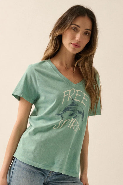 Free Spirit V-Neck Dolphin Graphic Tee