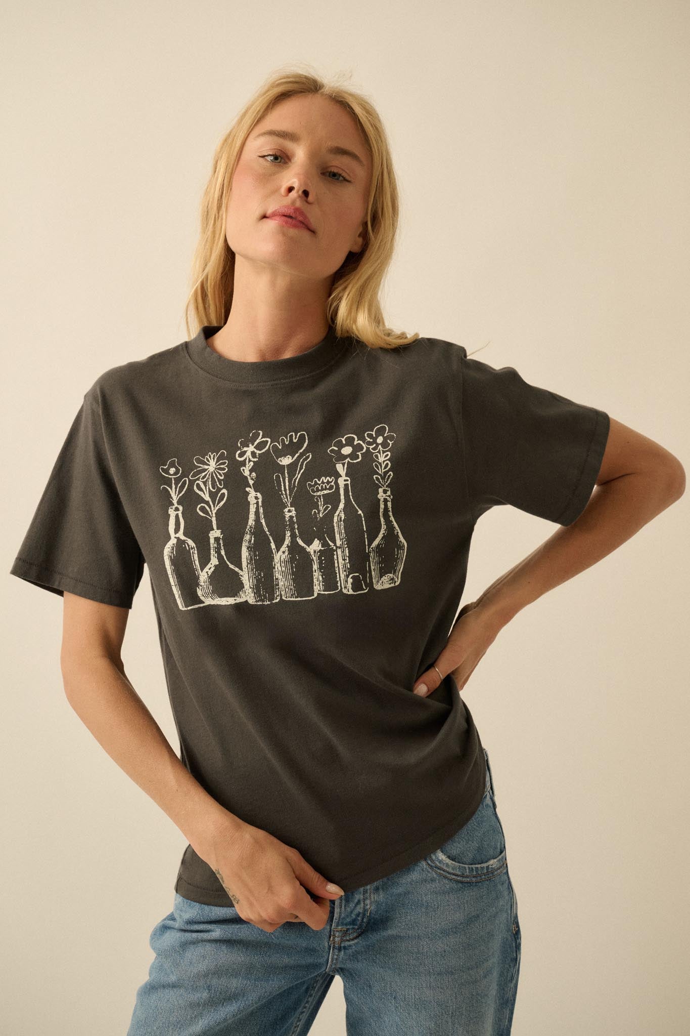 Blooming Bottles Vintage-Print Floral Graphic Tee