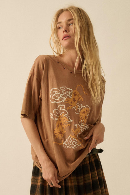 Celestial Tigers Distressed Oversize Graphic Tee